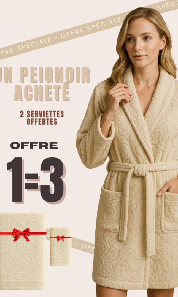 Home offre 1=3 – peignoir luxe + 2 serviettes gratuites (pack 3 pièces) bej