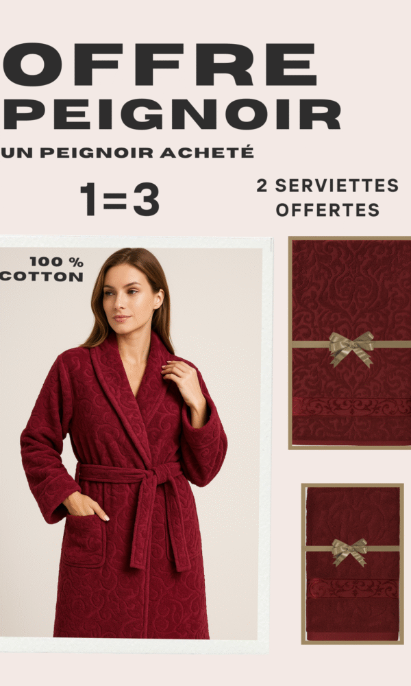 Home offre 1=3 – peignoir luxe + 2 serviettes gratuites (pack 3 pièces) bordo