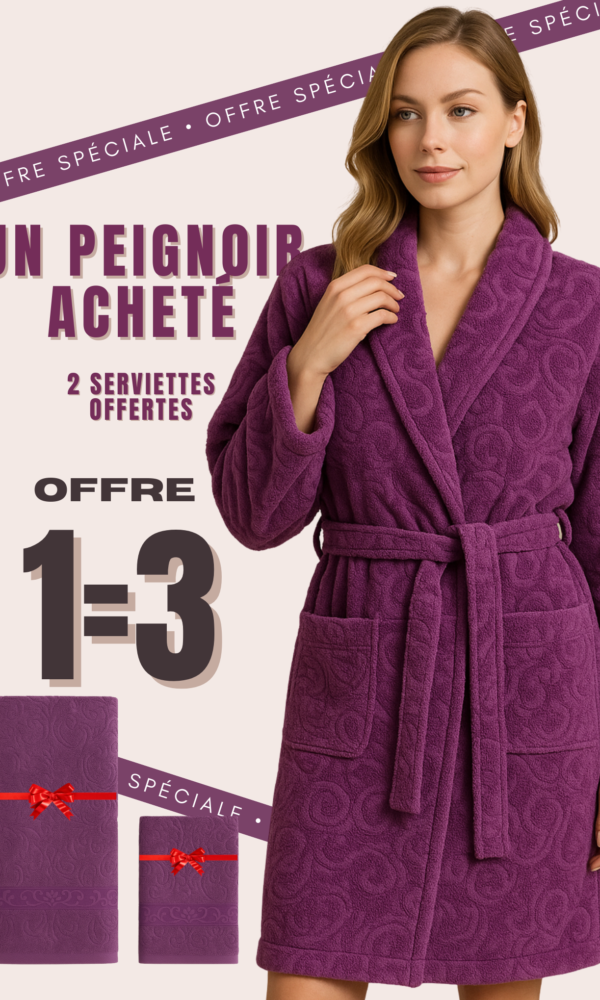 Home offre 1=3 – peignoir luxe + 2 serviettes gratuites (pack 3 pièces) violet