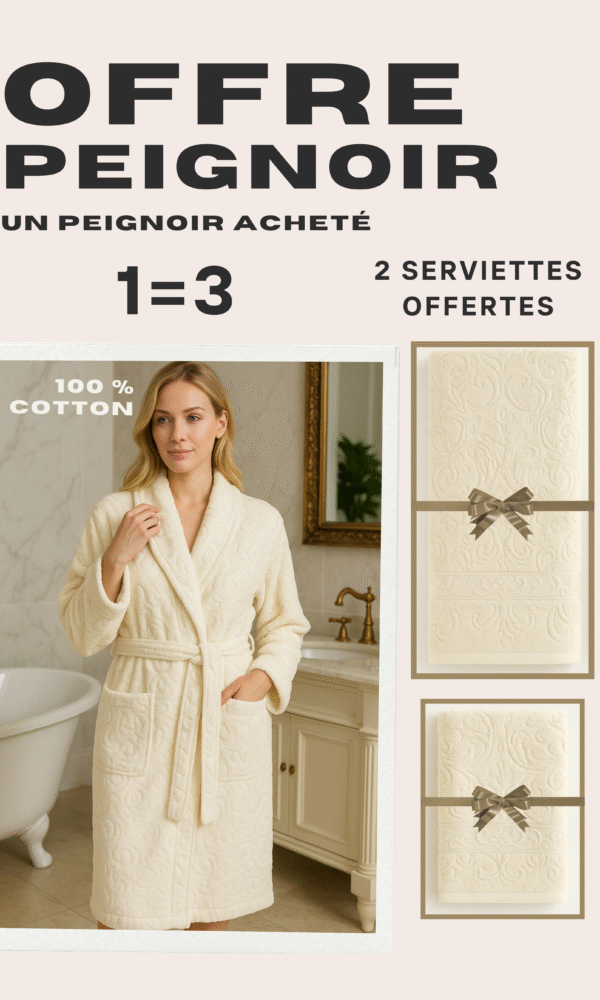 Home offre 1=3 – peignoir luxe + 2 serviettes gratuites (pack 3 pièces) blan cassé